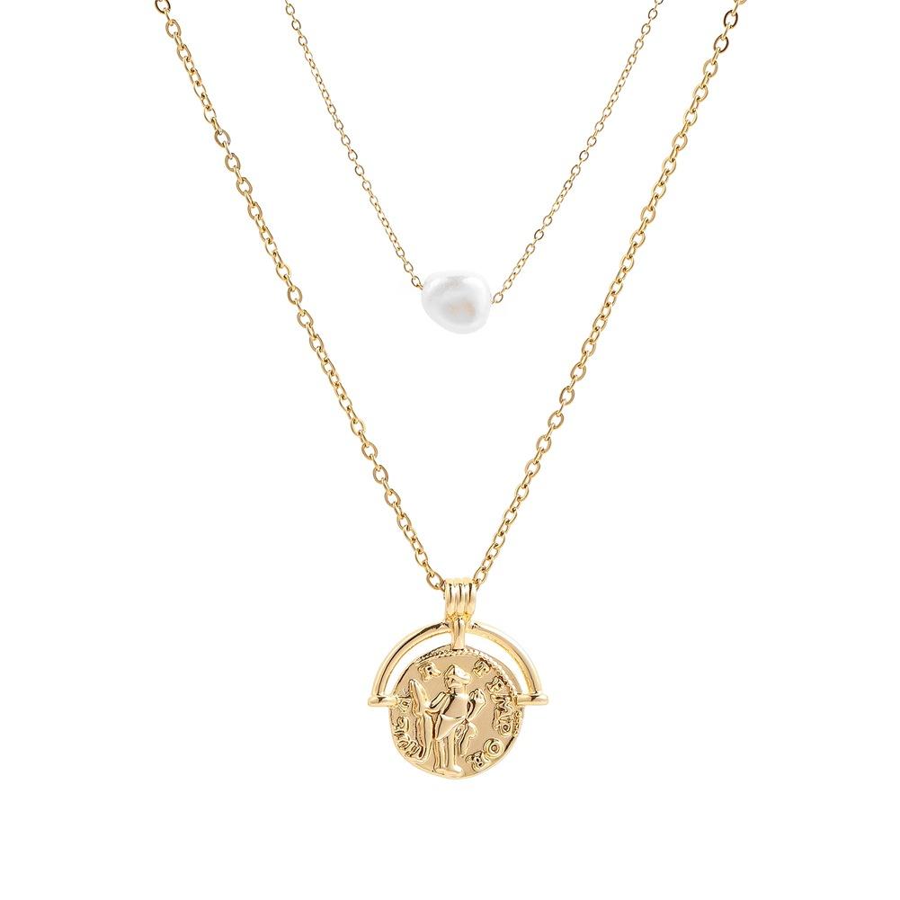 ins stainless steel real gold necklace creative ancient Roman letters coins wild pearl double layer necklace