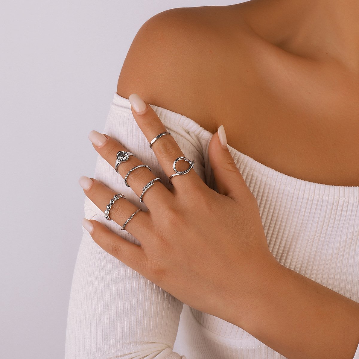 R777 retro old simple geometric joint ring cold creative rhinestone fashion ring set female