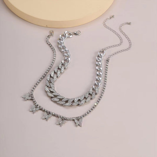 Alloy Jewelry Fashion Simple Diamond Clavicle Necklace Retro Versatile Multi-layer Butterfly Set Chain
