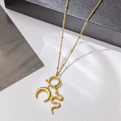 INS net red necklace gold moon snake pendant necklace female fashion retro stainless steel pendant necklace 18K