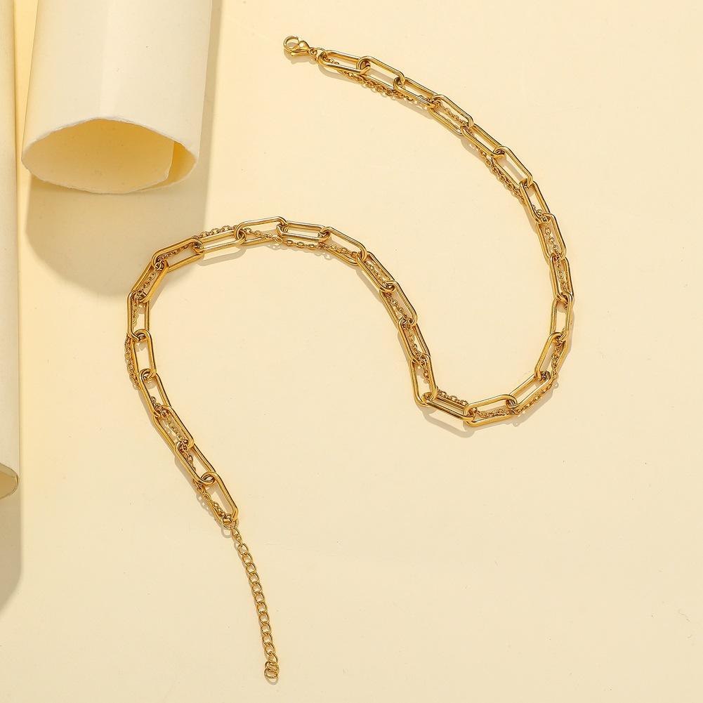 Fashionable stainless steel gold-plated thick chain titanium steel color-preserving simple short double-layer chain collarbone necklace ins