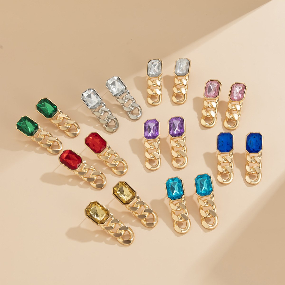 Jewelry temperament simple color imitation gemstone earrings female retro personality metal chain earrings