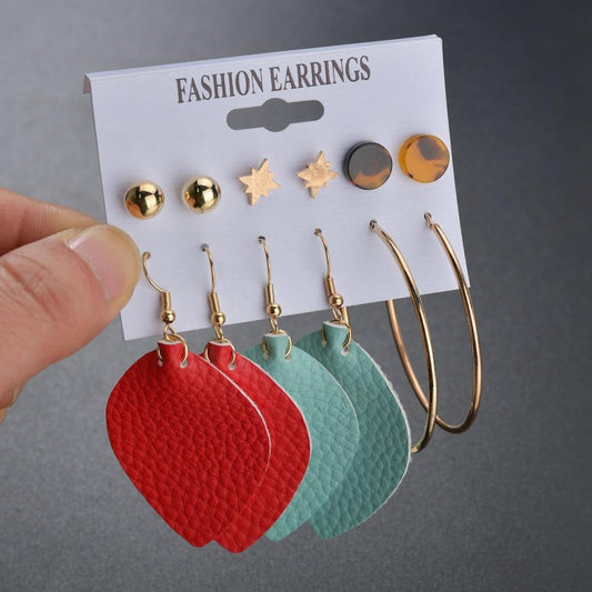 Fashion Set Earrings Temperament Tassel Circle Leather Plate Combination Six-piece Set Earrings Female