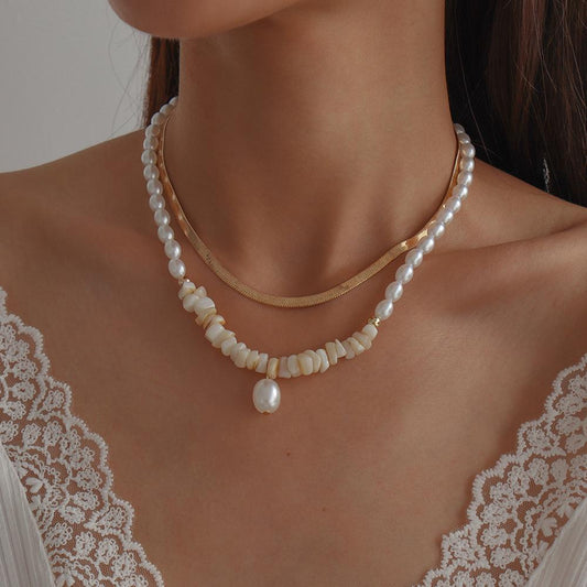 N9995 Simple Double Layer Necklace Female Imitation Pearl Stone Temperament Lady Necklace French Cold Necklace