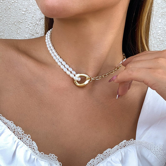 Jewelry Temperament Simple Rice Grain Pearl Clavicle Necklace Hip Hop Retro Metal Buckle Chain Necklace