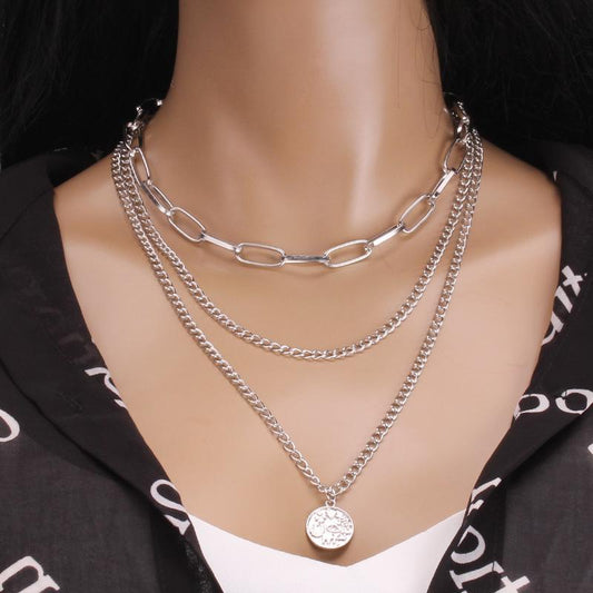 Fashion autumn and winter sweater sweater chain hip-hop ins copper coin decoration multi-layer necklace for men and women