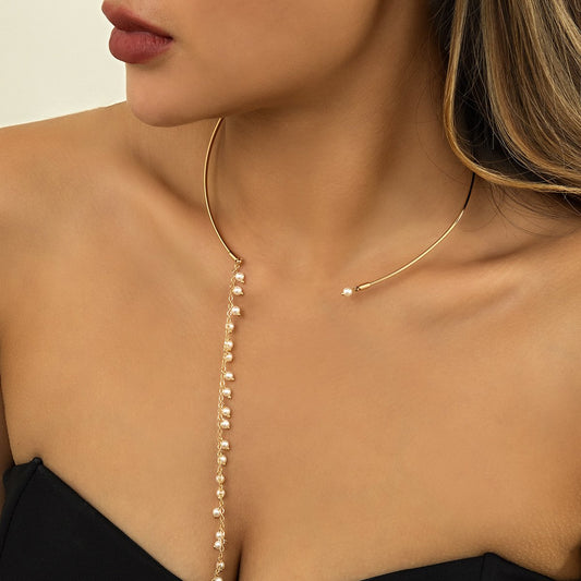 Jewelry niche temperament imitation pearl tassel chain necklace simple geometric metal collar female