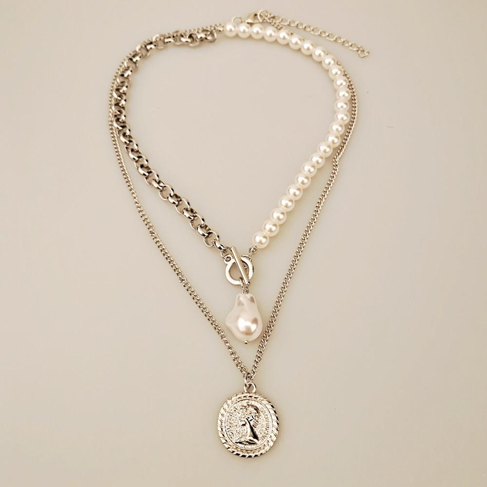 Jewelry special-shaped pearl Baroque pearl retro female image multi-layer OT buckle two-piece necklace