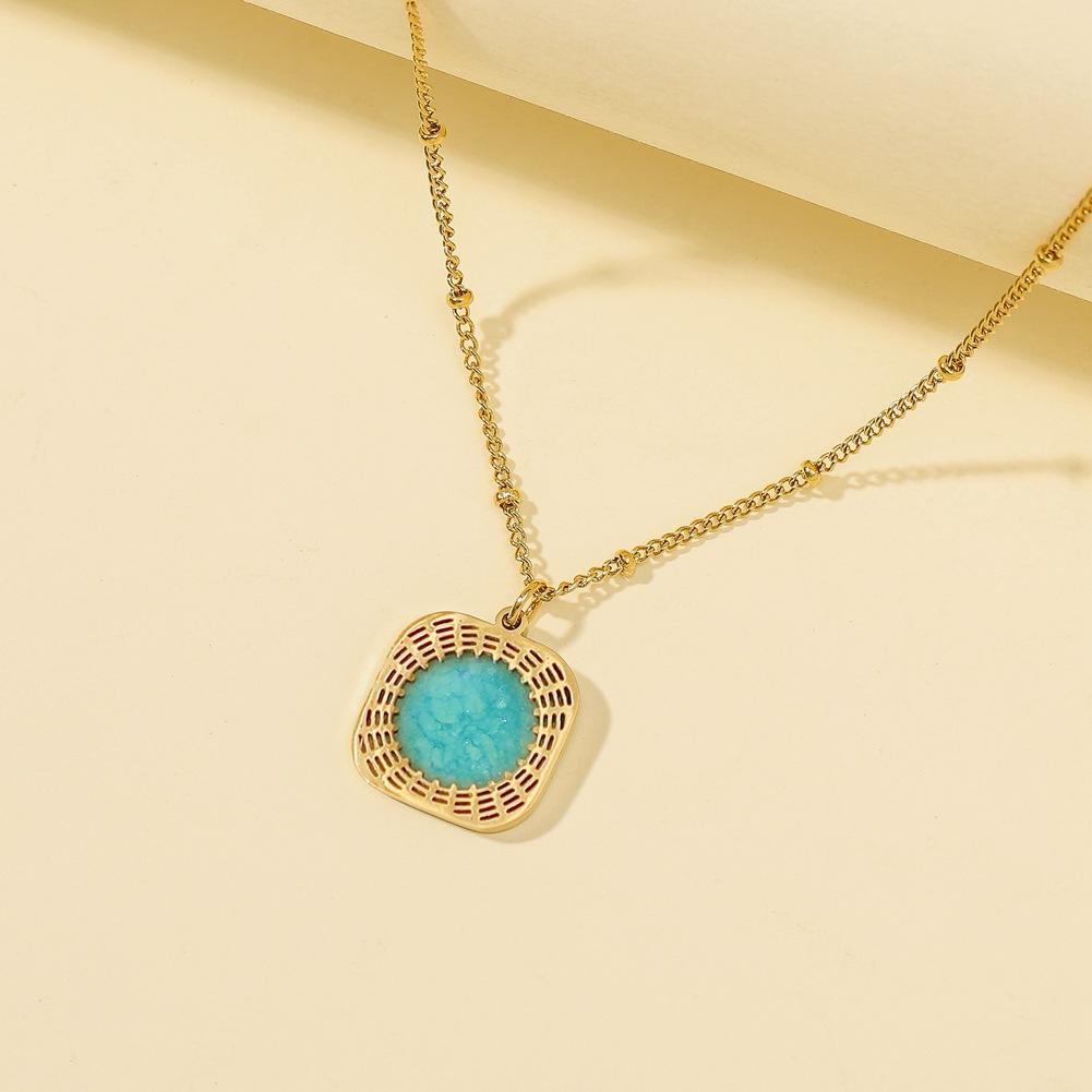 Stainless steel color-preserving turquoise compass square pendant personality niche geometric titanium steel necklace women