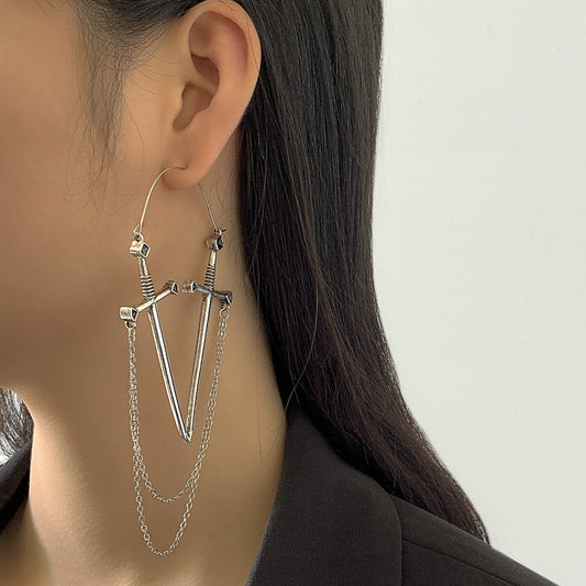 Jewelry exaggerated retro metal sword-shaped stud earrings female punk trendy cool geometric thin chain earrings