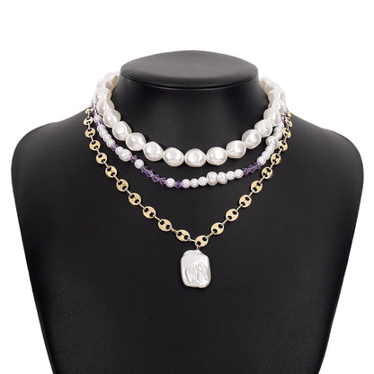 N1525 Bohemian ethnic multi-layer pearl necklace exaggerated temperament geometric stacked necklace female
