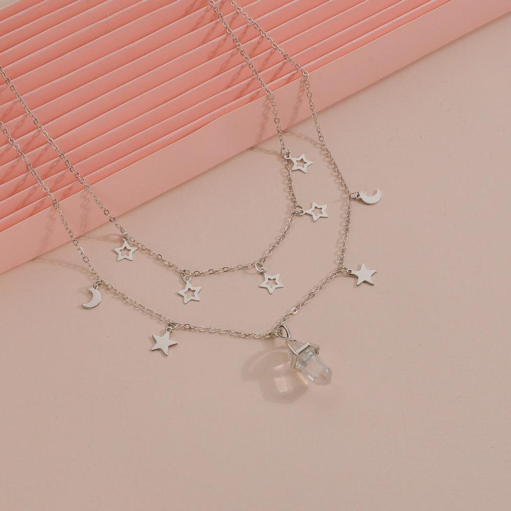 Fashion Iron Star Moon Multilayer Clavicle Chain Necklace Hexagonal Column Pendant Necklace Accessories