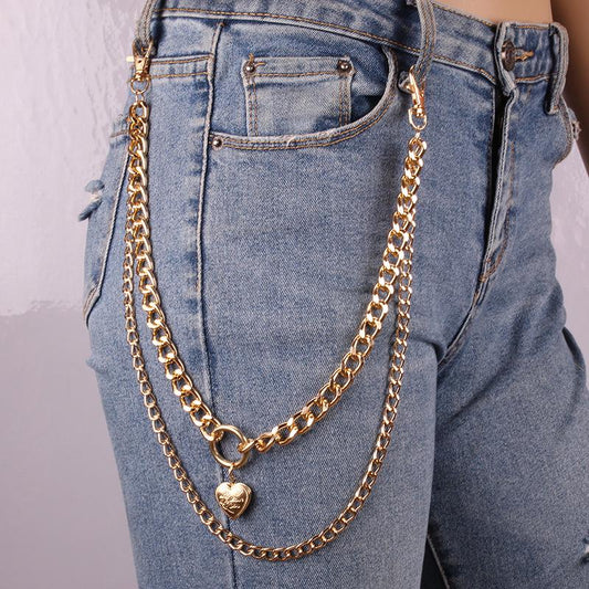 Explosive double-layer fashion heart decoration waist chain body with punk hip-hop metal pants chain