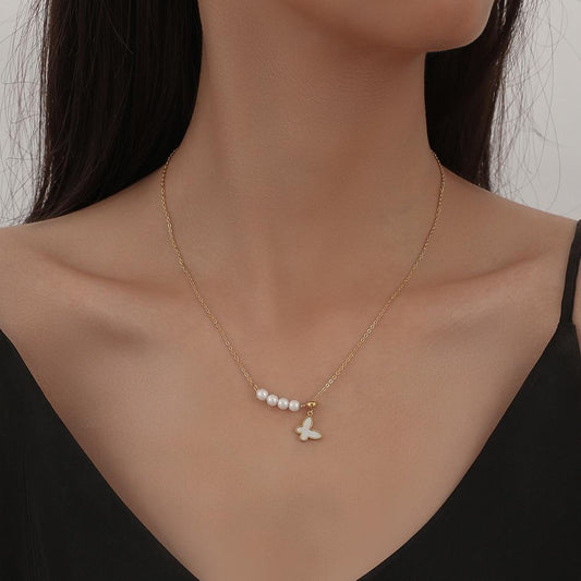 Fashion stainless steel butterfly mother-of-pearl pendant titanium steel trendy aesthetic and elegant pearl clavicle necklace