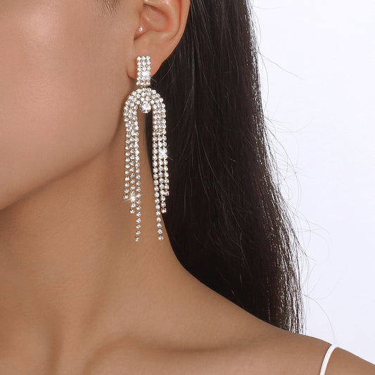 E1539 Exaggerated U-shaped Rhinestone Earrings Fairy Flow Su Earrings Personality Long Style Light Luxury Earrings Women