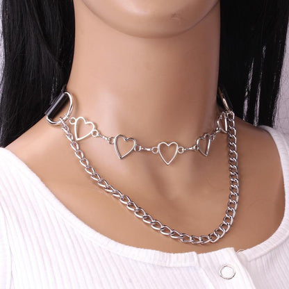 Jewelry punk metal chain peach heart pendant necklace dark pu double collarbone necklace