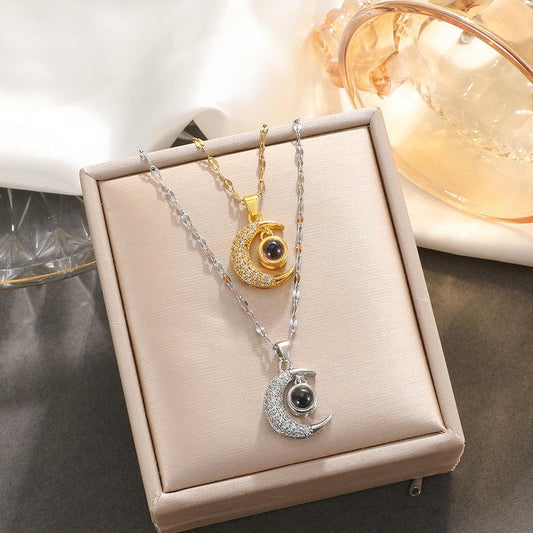 Diamond-encrusted moon projection necklace women's fashion temperament one hundred languages I love you net red collarbone chain customization
