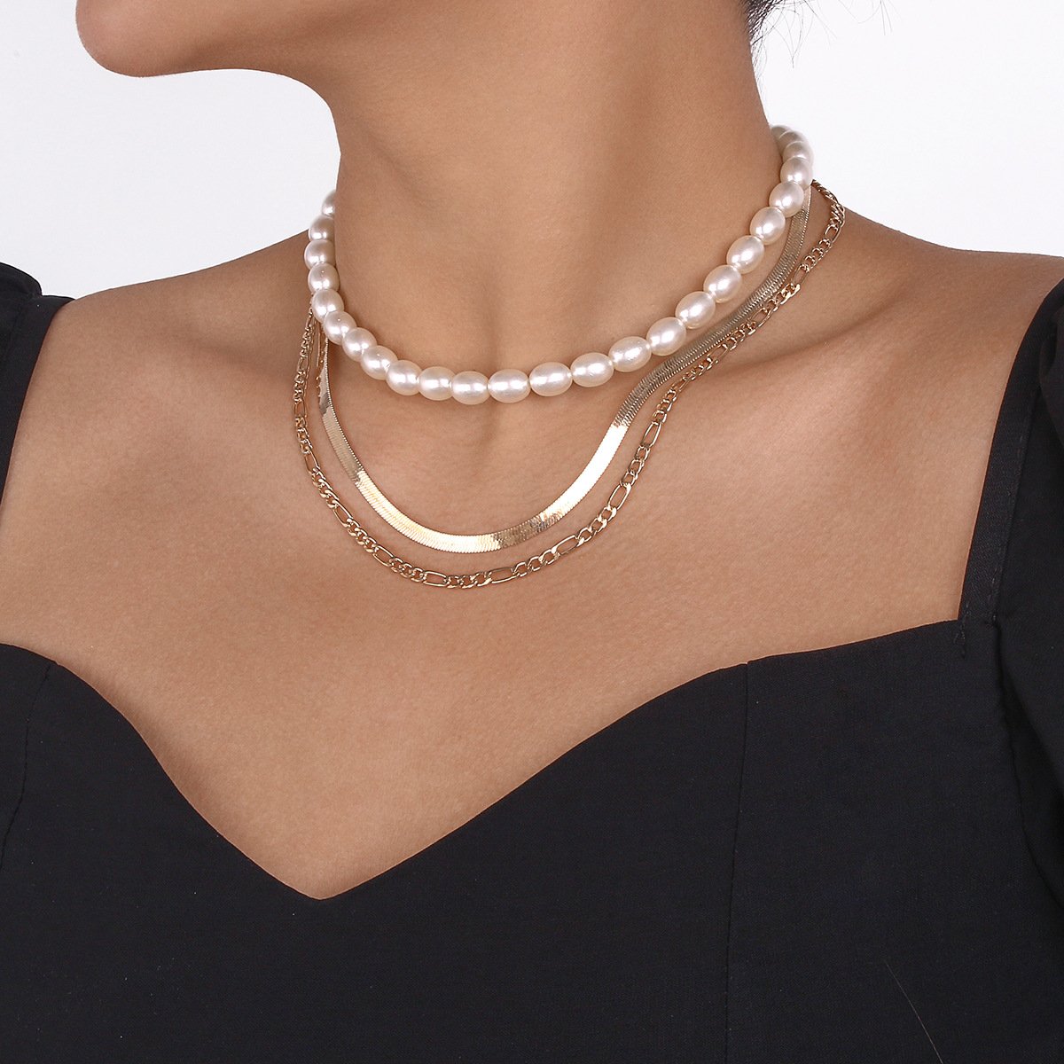 N1267 French elegant light luxury stacked necklace female snake bone chain pearl multi-layer simple show necklace