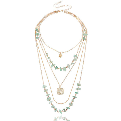 Jewelry retro stacked multi-layer small hole chain turquoise square piece mini love pendant necklace female